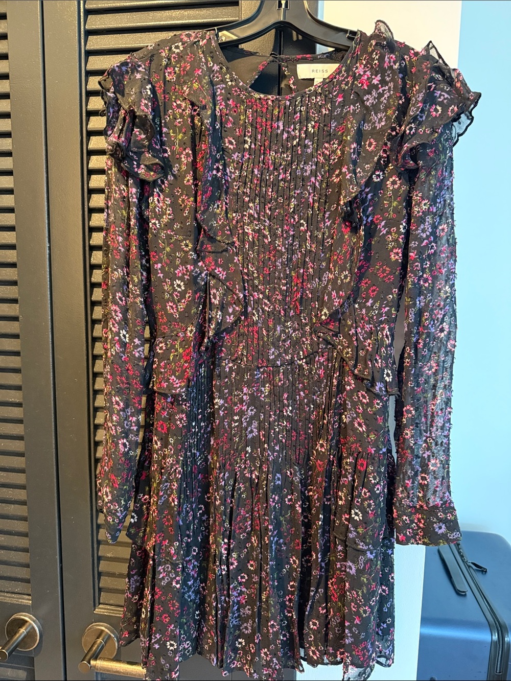 Reiss Black Floral Ruffle Pleated Dress